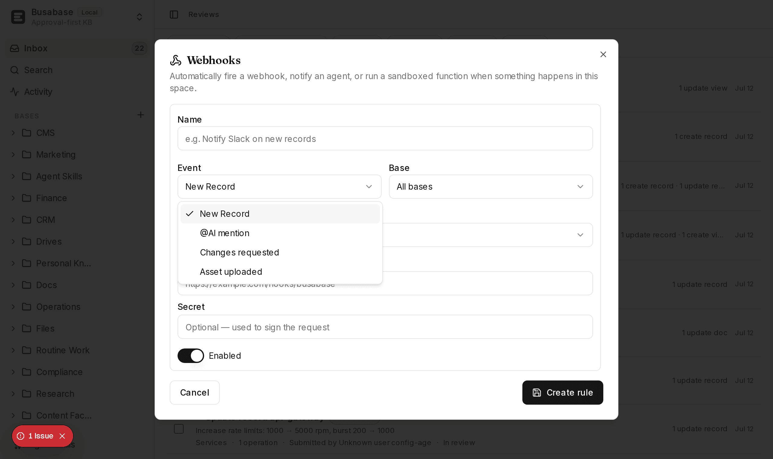 OpenHands実行台帳向けのBusabase Webhookイベント種類