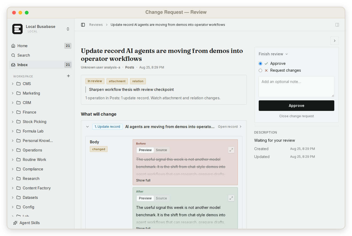 A Busabase change request showing the real agent result, its field-level diff, and human approval controls