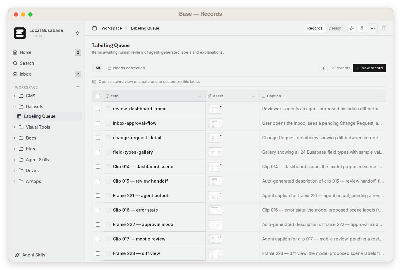 Busabase workspace holding approved client delivery records