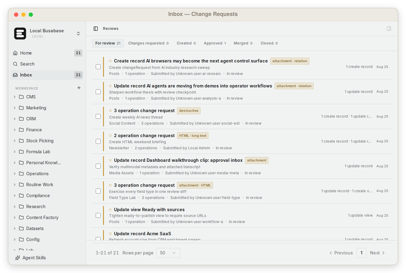 Busabase Inbox showing agent submissions waiting for human review