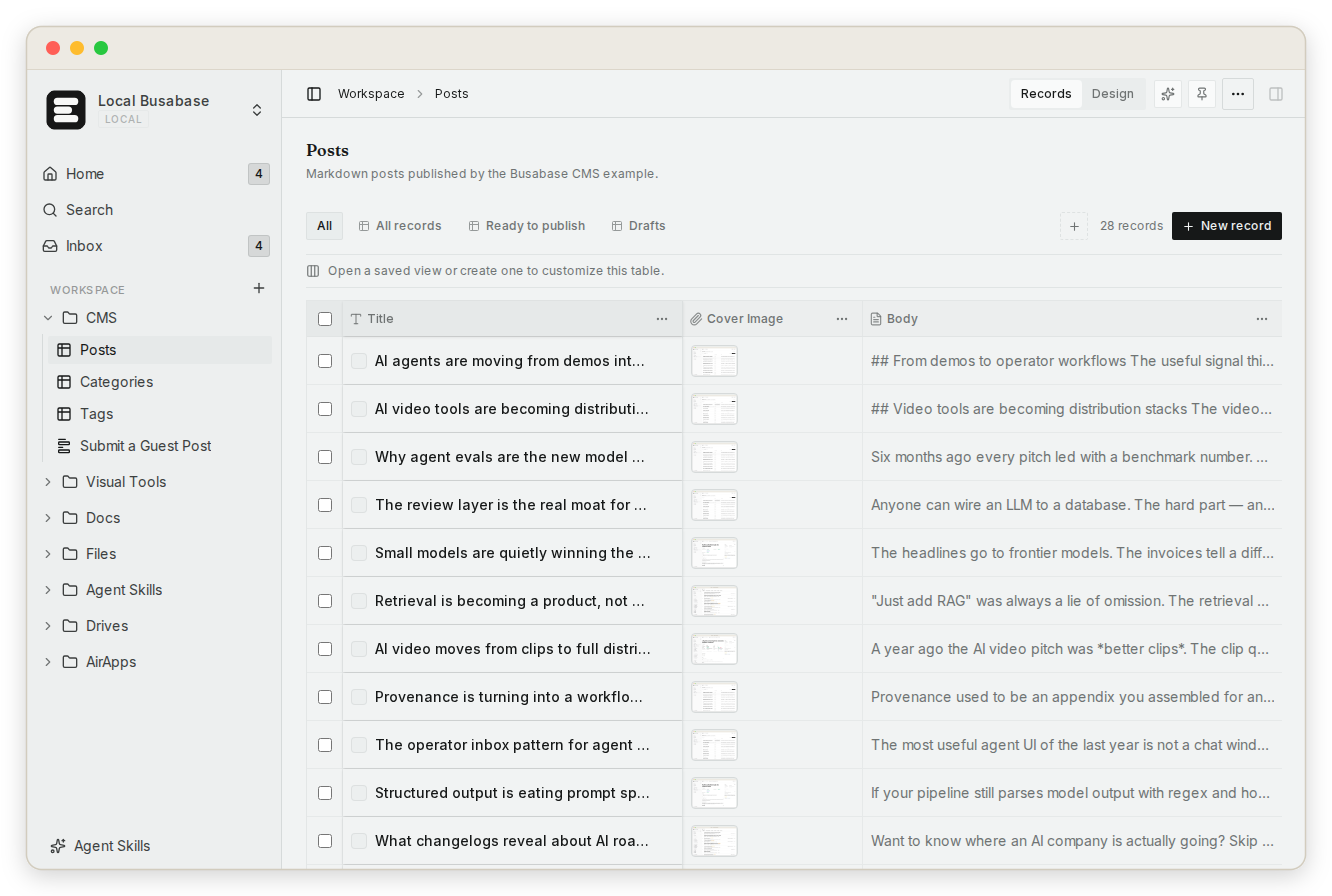 Structured content records in a Busabase Base