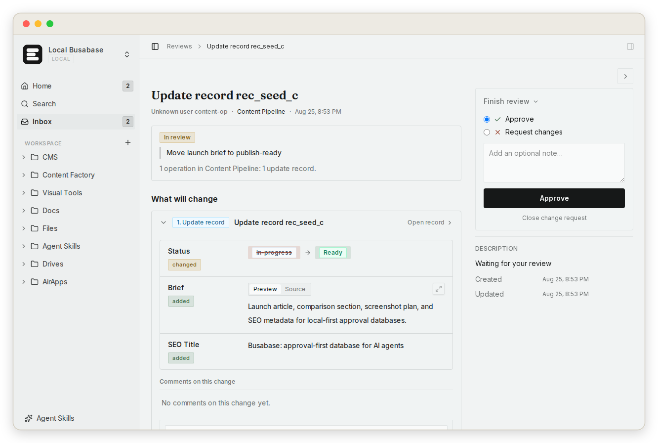 Busabase review screen for an agent-generated content record